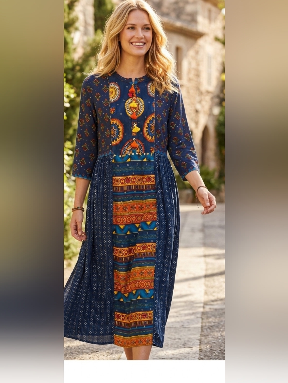 Indian Maxi Dress XXL Melange  Viscose Block Print Festival  Tassels Boho
